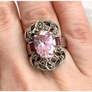 Art Deco Pink Topaz Ruby Marcasite 925 Sterling Silver Vintage Ring - sz 5.75